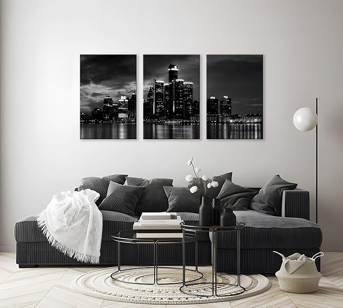 NAN Wind 3 Pcs Wall Art Beautiful Detroit Skyline Black & White Canvas Art Paintings For Room Decor Cityscape Skyscrapers Night Scene Picture Prints On Canvas For Home Decor Modern Giclee Framed