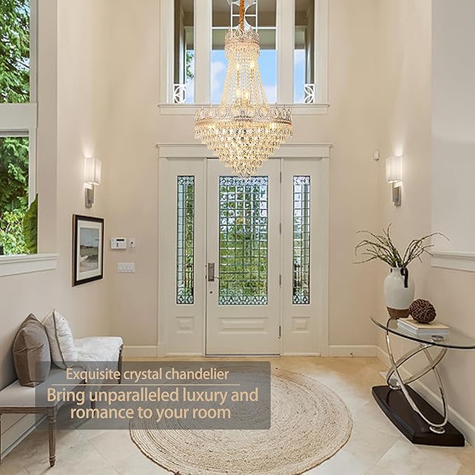 KoKo&Yukina Gold 23.6" French Empire Crystal Chandelier 14 Lights K9 Crystal Chandeliers Modern Farmhouse Crystal Chandeliers Adjustable Hanging Chandelier for Living Room Dining Room Bedroom