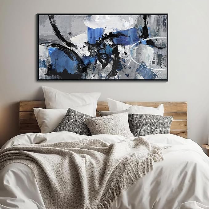 Blue Abstract Canvas Wall Art: Large Wall Art Paintings for Living Room, Modern, Framed Artwork in Blue and Black -Bedroom, and Office Decorations for Work - Gray Pictures for bedroom Wall Decor
