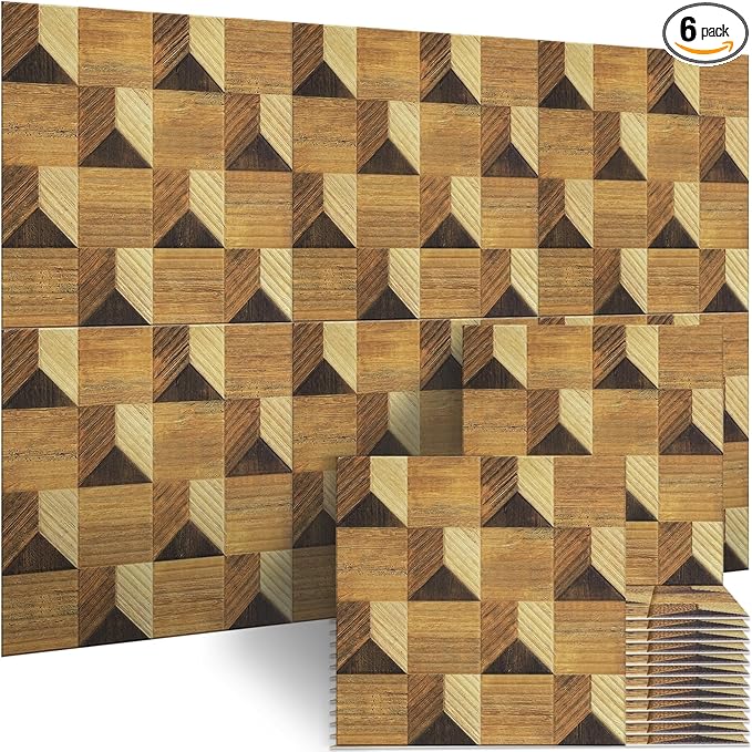BUBOS Large Acoustic Panels,6 Pack Wood-Pattern Printing Soundproof Wall Panels, Total Size 70.8 x 47.2 Inches Self-Adhesive Decorative Sound Absorbing Panels for Studio, Home,3D Wide Chevron