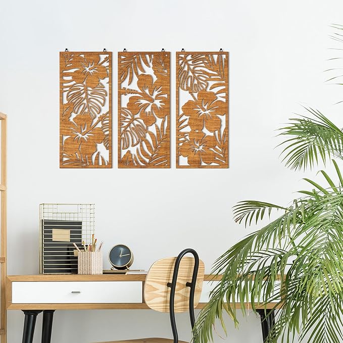 3 Pcs Tropical Wall Decor 3d Wooden Palm Leaf Wall Art Monstera Sculptures Wood Hibiscus Flowers Hanging Decor Vintage Plant Plaque for Home Bathroom 7.09 x 15.75 Inch(Classic Style)