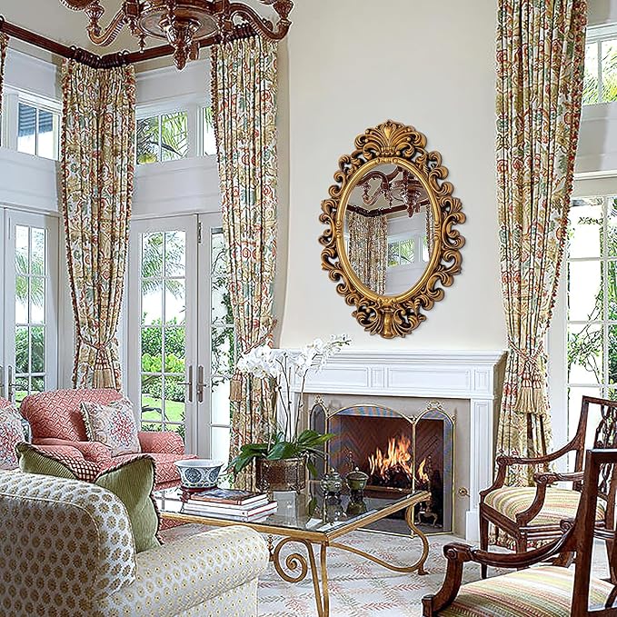 Antique Gold Oval Mirror, Decorative Mirrors with Baroque Framed, 29'' x 41'' Ornate Vinatge Gold Wall Mirror for Living Room Dining Room Bedroom Entryway Fireplace
