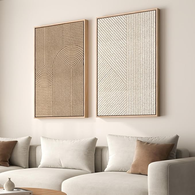 Large 3D Textured Framed Neutral Abstract Wall Art Set, 2 Piece Modern Paintings Artwork for Walls, Minimalist Beige Brown Geometric Line Pictures for Living Room Entryway Bedroom Wall Decor 24x36 In