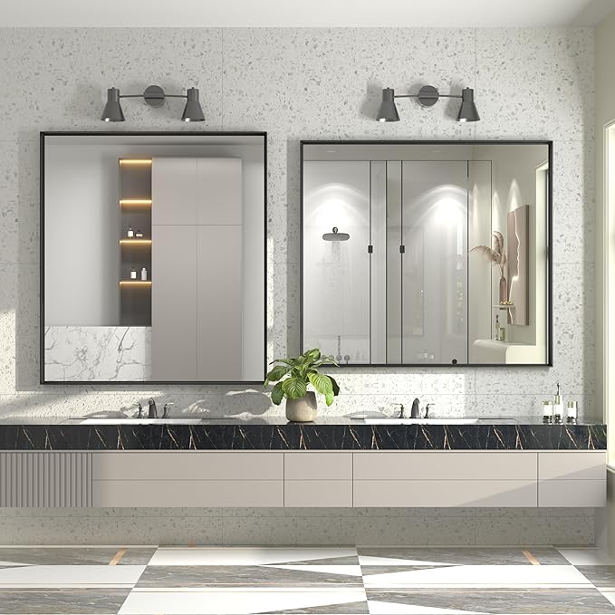 40x36 Inch Black Metal Framed Bathroom Mirror for Wall, Matte Black Rectangle Mirror with Square Corner, Anti-Rust, Shatterproof (Horizontal/Vertical)