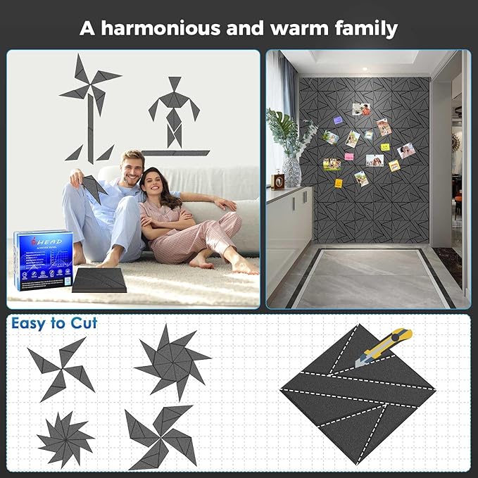 50 Pack Bulk Self-Adhesive Soundproof Wall Panels, 12 x 12 x 0.47 in Sound Proof Foam Panels for Walls, 1.2lb/ft³ High Density, Thicker 0.47in, Acoustic Panels, Duty for Large Walls Black