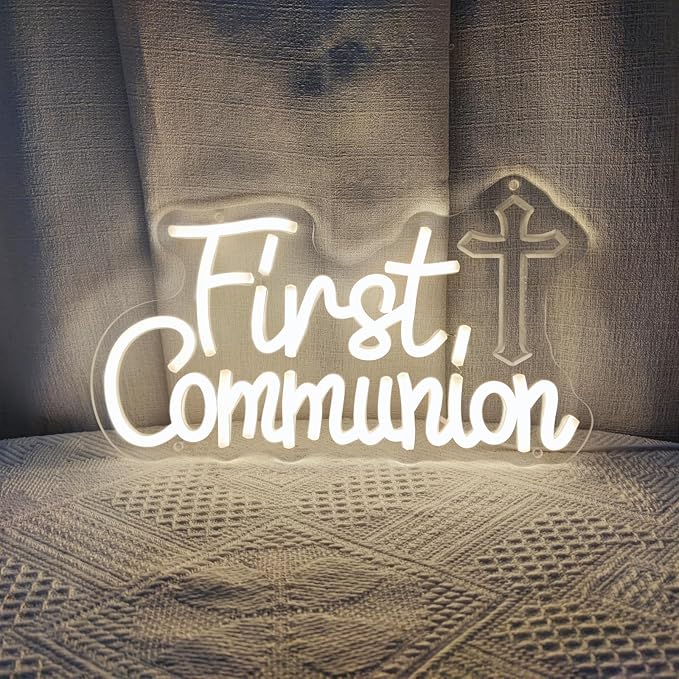 Neon Sign - First Communion Decorations, 16.3" x 10.7" Rectangular Multicolor Religious Wall Mount Neon Sign with Mounting Hardware (Hanging Chains)