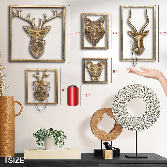 Animal Heads Wall Decor (Includes Metal Frame) Resin Animals Sculptures Head Wall Hanging Decoration Gold vintage Wall Sculpture for Living Room Bedroom Office(Jackalope)