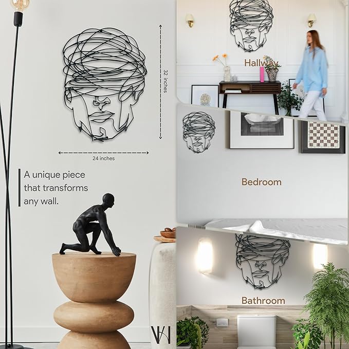 Overthinking Man Metal Wall Decor, Abstract Geometric Face Sculpture, Modern Line Art for Living Room, Office, Bedroom, and Contemporary Home Decor , Unique, Thought-Provoking Artwork for Minimalist Interiors (32 x 24 inches)