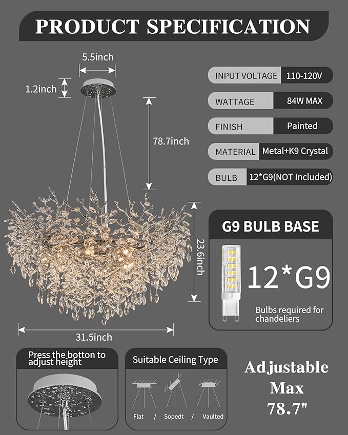Modern Crystal Chandelier for Dining Room, 39.5" Chrome Tree Branch Chandeliers, 12-Light Luxury K9 Crystal Round Chandeliers for Kitchen Island Living Room