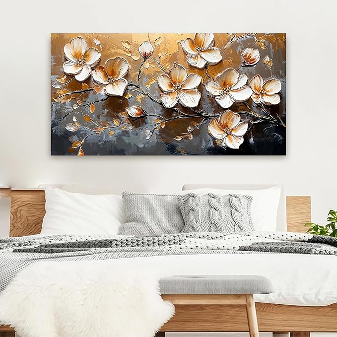 Canvas Wall Art Decor Modern Wall Art Pictures for Living Room Canvas Art Wall Decor Large Artwork for Walls Gold Floral Wall Art Decor White Wall Art Prints for Bedroom Office Wall Decor 24" X 48"
