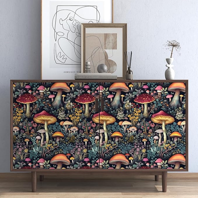 Mushroom Wallpaper Peel and Stick Floral Contact Paper Vintage Leaf Wall Paper for Bedroom Bathroom Countertop Removable Waterproof Black Colorful 17.5 x 196.5In