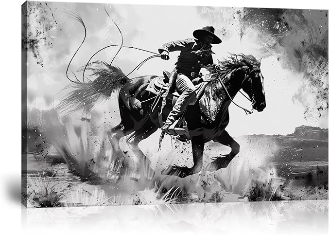 Black and White Western Cowboy Wall Art Pictures Southwestern Poster for Bedroom Living Room Office Home Decortion Prints Framed(12L" x 16W")