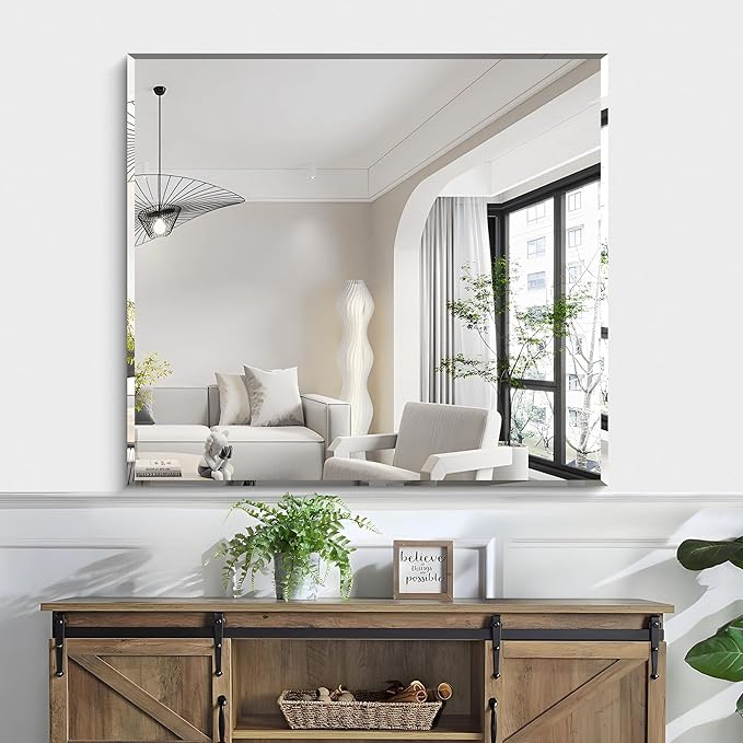 KOCUUY Beveled Mirror, 40x36 Inch Large Frameless Bathroom Mirror for Over Sink, Upgraded Shatterproof Beveled Unframed Design Mirror for Bathroom, Bedroom, Hang Horizontal/Vertical