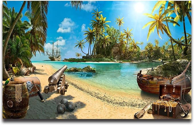 Cliouar-Wall Mural Wallpaper for Bedroom Living Room Wallpaper 3D Wallpaper Decoration Pirate Ship Treasure 103" x 69"(Not Self-Adhesive)