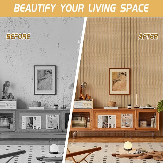 3D Slat Wall Panel Peel and Stick 118"x15.75"– Thick Soundproof Wood Wall Panels, Self-Adhesive Faux Wood Grain Wallpaper for Interior Wall Decor, Accent Wall, Ceiling (2 Roll)