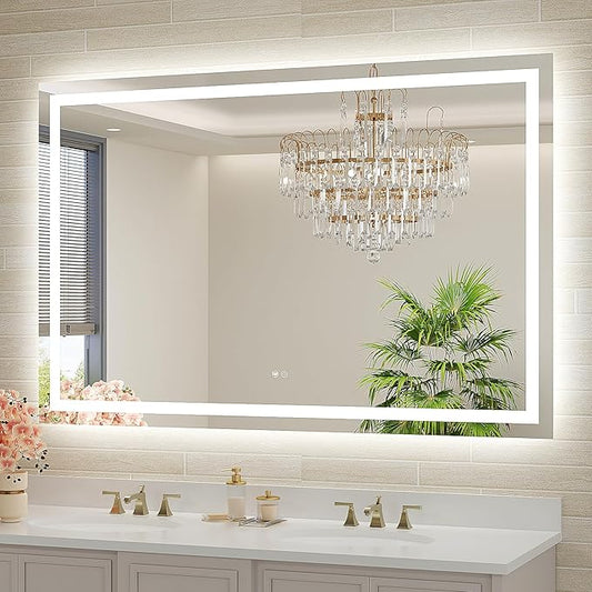 55x36 LED Bathroom Mirror with Lights, Brighter Backlit + Front Lit, Tempered Glass, Dimmable, Multiple Light Modes, Anti-Fog Lighted Bathroom Vanity Mirror for Wall, Memory Function