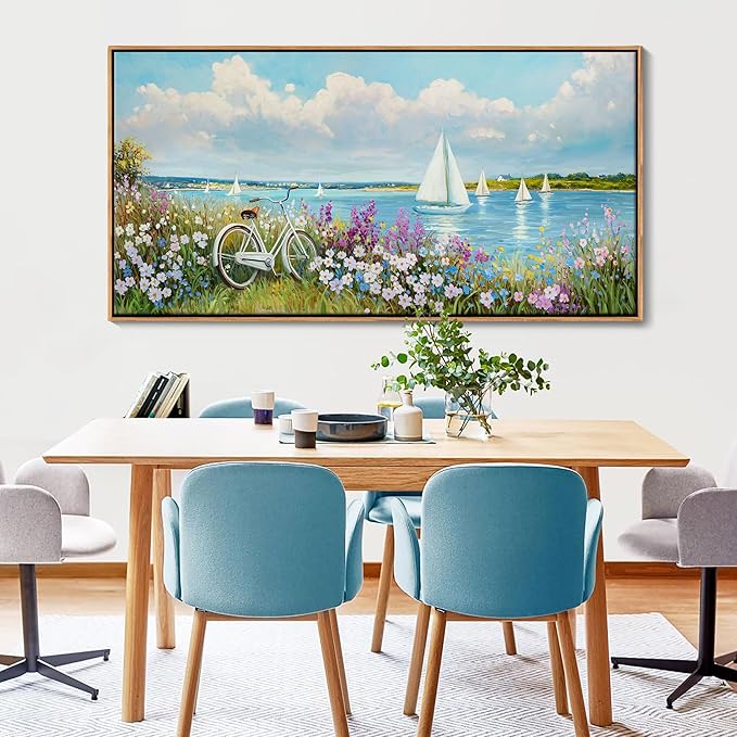 Coastal Wall Art Sailboat Beach Canvas Wall Decor Flower & Landscape Paintings Farmhouse Decor Blue Artwork for Living Room Bedroom Home Office Large Framed Ocean Pictures Wall Decor24×48IN