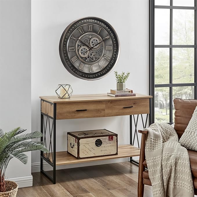 CLXEAST 24 Inch Large Moving Gear Wall Clock for Living Room Decor, Antique Silver Metal Roman Numerals Wall Clocks for Home Office