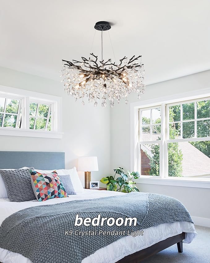 Modern Tree Branch Crystal Chandelier Luxury Black Crystal Pendant Lighting 30" Contemporary 10-Light Chandeliers for Dining Room Kitchen Bedroom Living Room