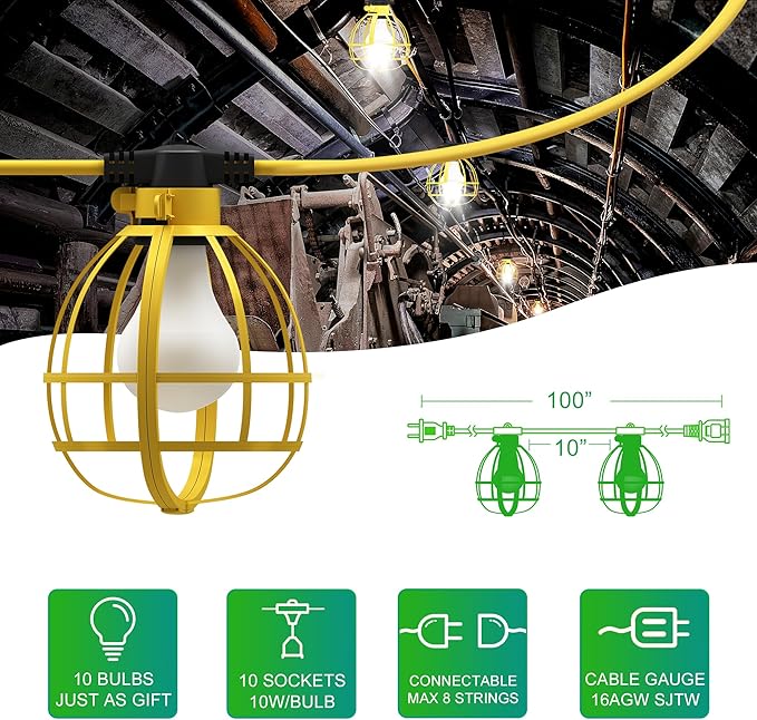 LEDIARY 100FT Construction String Lights, 10 Bulbs 100W 10500LM String Work Lights with 10 Medium Base Sockets, Linkable Jobsite Lights, Weatherproof Temporary Lighting Indoor&Outdoor