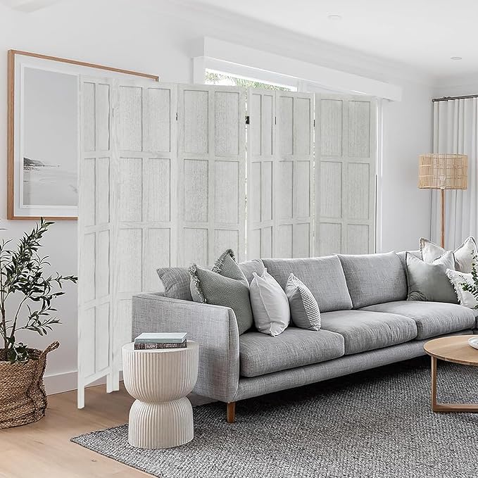 6 Panel Room Divider, 5.6Ft Wood Room Dividers and Folding Privacy Screens, Room Divider Wall Freestanding Room Partitions, Room Dividers Screen for Home Office Restaurant Bedroom, White