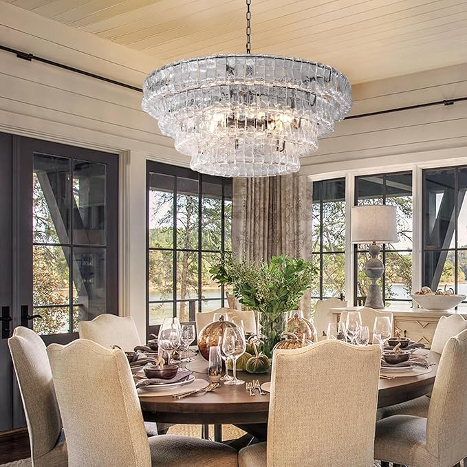 Clear Glass 36 inch Round Chandelier for Dining Room, Modern Drum Black Pendant Light Fixture with Crystal Glass Bubbles, Large Ceiling Light