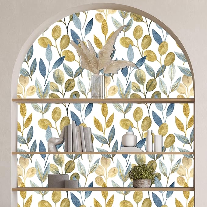 Blue Gold Leaf Peel and Stick Wallpaper Modern Self Adhesive Contact Paper Waterproof Removable Wall Paper for Bathroom Cabinets and Drawers 17.7"x70.8" Luxury Decorative Wallpaper