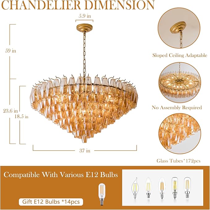Large Chandelier, 37" Gold Smoke Glass Chandelier for Living Room, 14-Light Round Drum Kitchen Island Hanging Light Fixture Perfect for Dining Room, Bedroom,Kitchen, Foyer