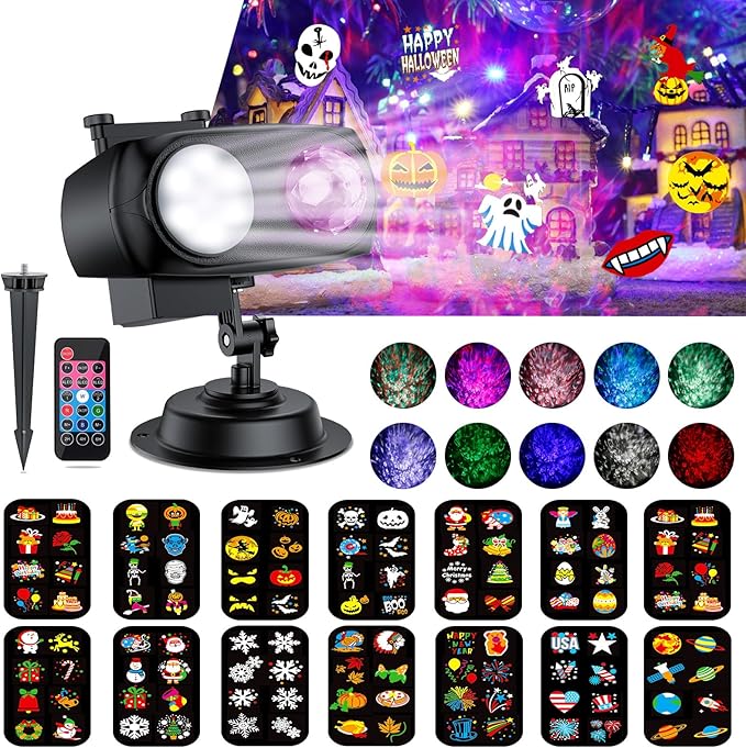 2025 Upgraded Brighter Halloween Christmas Outdoor Projector Lights with 14 HD (3D Ocean Wave+Patterns) Replaceable Slides, Waterproof for Indoor Outdoor Xmas Theme Party Yard Garden Decoration