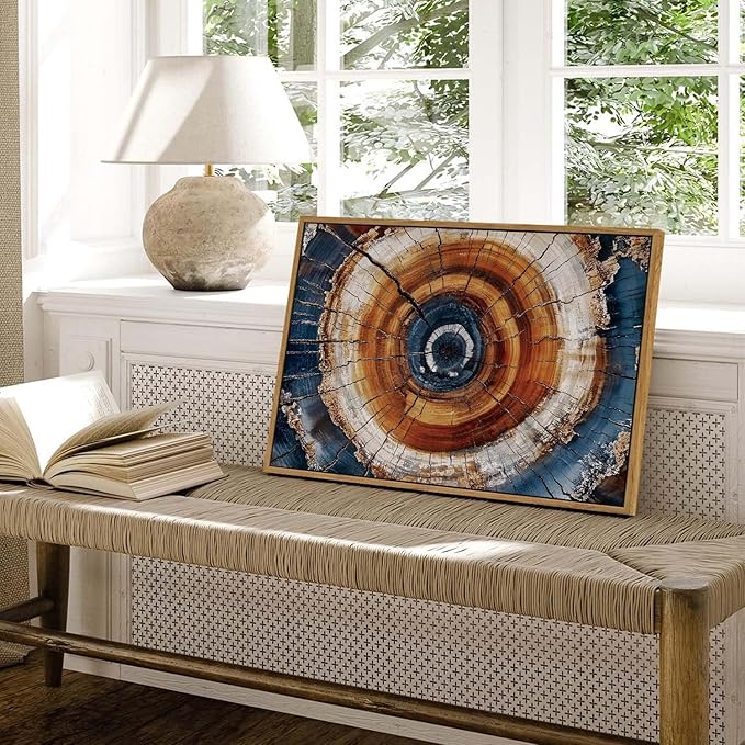 BingruiArt Framed Tree Ring Canvas Wall Art Abstract Wood Wall Decor Boho Modern Colorful Nature Painting Wood Stump Prints Pictures for Living Room Bedroom Bathroom Office 16"x24" Natural Framed(05)
