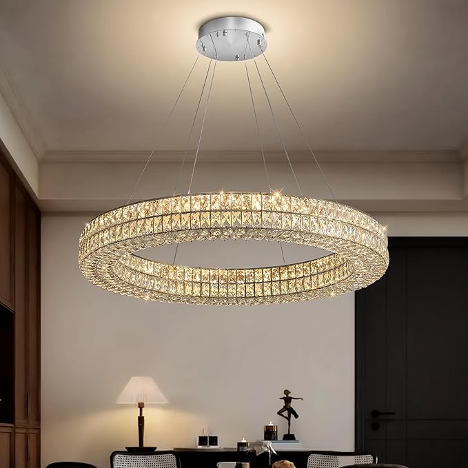 Modern Luxury Crystal Chandelier for Dining Room 32" LED Ring Pendant Light Adjustable Dimmable 2700k-6000k