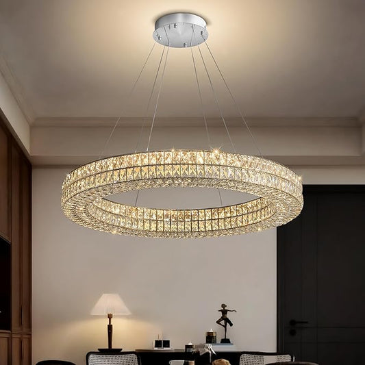 Modern Luxury Crystal Chandelier for Dining Room 32" LED Ring Pendant Light Adjustable Dimmable 2700k-6000k