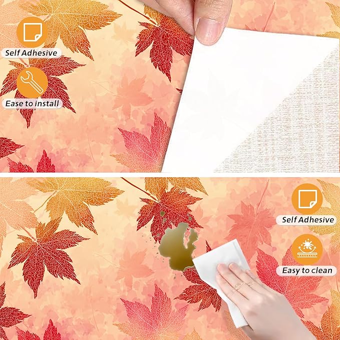 Nuxovilar Autumn Maple Leaf Beige Background Textured Peel and Stick Wallpaper, 15.75"x39.37", Self-Adhesive Contact Paper, Red Orange Foliage Pattern for Bedroom, Living Room and Table Decor
