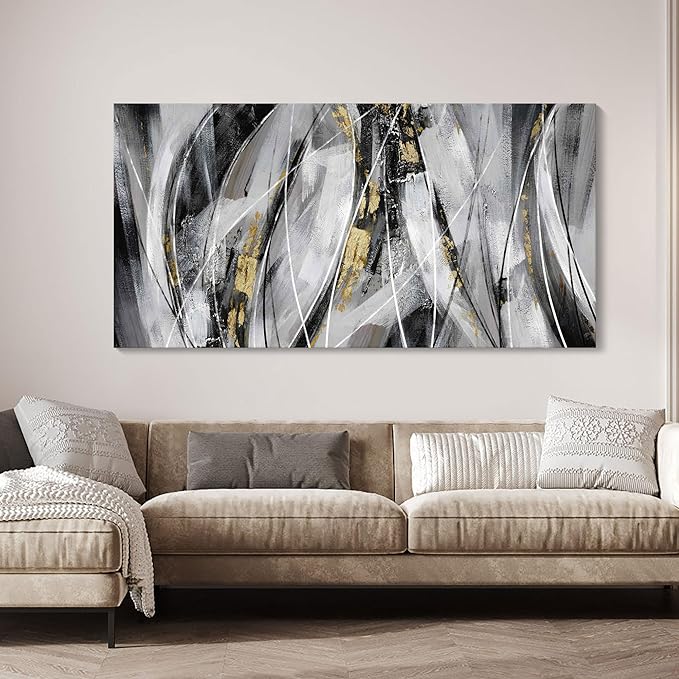 KLAKLA Black Wall Art for Living Room - Large Wall Decor Gold White Gray Abstracr Canvas Wall Art - Bedroom Art Painting Picture Artwork for Wall