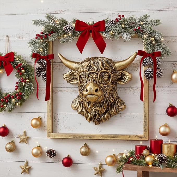 Animal Heads Wall Decor (Includes Metal Frame) Resin Animals Sculptures Head Wall Hanging Decoration Gold vintage Wall Sculpture for Living Room Bedroom Office(Highland cattle)