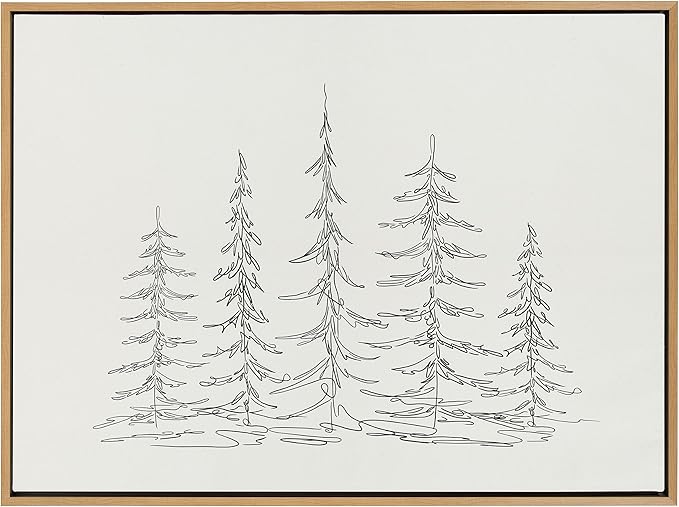 Kate and Laurel Sylvie Minimalist Evergreen Trees Sketch Framed Canvas Wall Art by The Creative Bunch Studio, 28x38 Natural, Modern Minimal Tree Line Wall Art