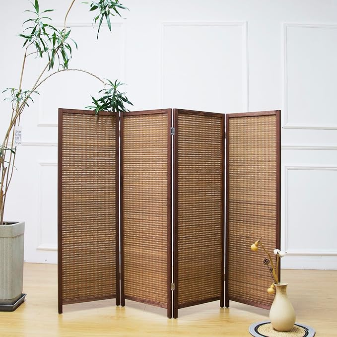 4 Panel Room Divider Short Folding Screen Divider,Double Sided Bamboo Divider Screen for Room Separation,Brown,47.2" H x 61.4" W