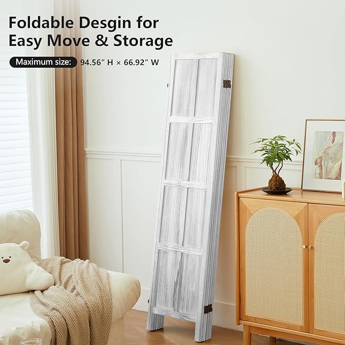 6 Panel Wood Room Divider Screen, 5.6 FT Folding Privacy Screen Room Divider, Partition Divider for Room Separation, Folding Wood Panel Wall Divider for Home Office Bathroom (Retro White)