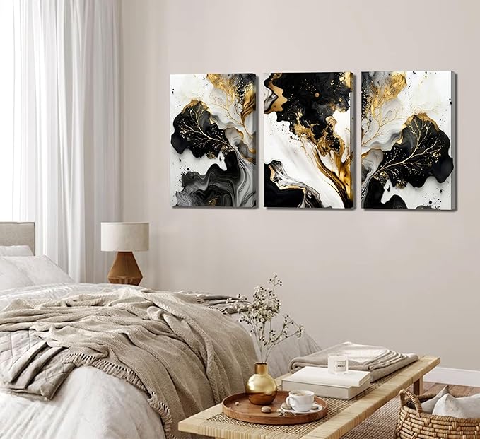 3Pcs Abstract Marble Canvas Wall Art Picture Black White Gold Texture Poster Print Modern Painting Wall Decor for Bedroom Living Room Office 12x16in Framed