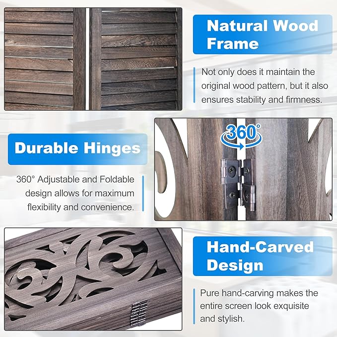 8 Panel Room Divider 5.6FT Wood Carved Room Dividers, Folding Privacy Screens Portable Freestanding Partition Wall Dividers for Bedroom, Office, Rustic Brown