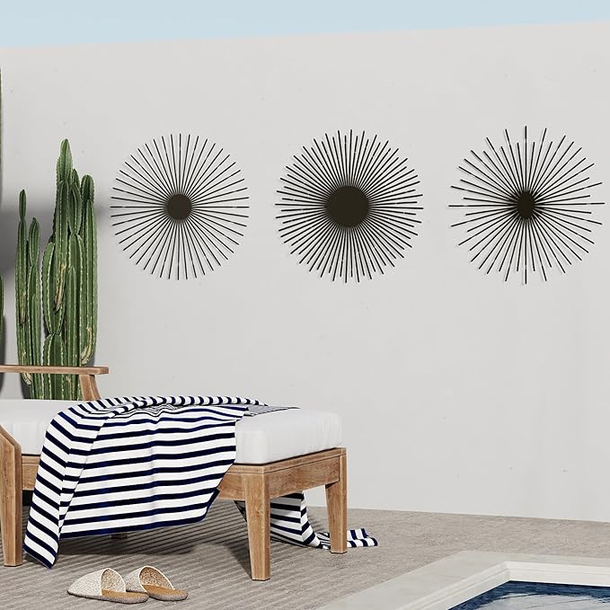 NEODECO Sun Rays-Triple Metal Wall Art, Geometric Sun Decor, Metallic colors, Large 3D wall sculpture, model BCD, Set of 3 (Black, Large)