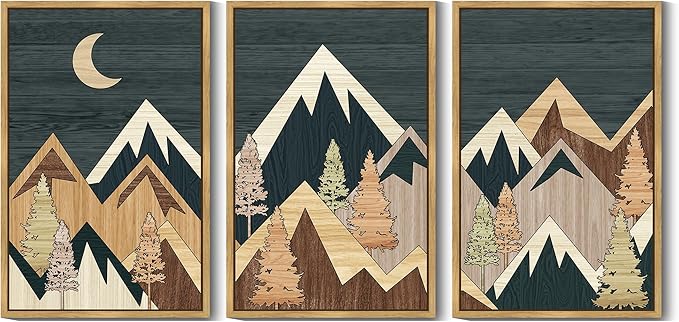KUVIOKE Morden Mountains Framed Wall Art Boho Pine Tree Forest Nature Landscape Artwork Bohemain Farmhouse Rustic Home Decor 24x36in (Natural Framed)