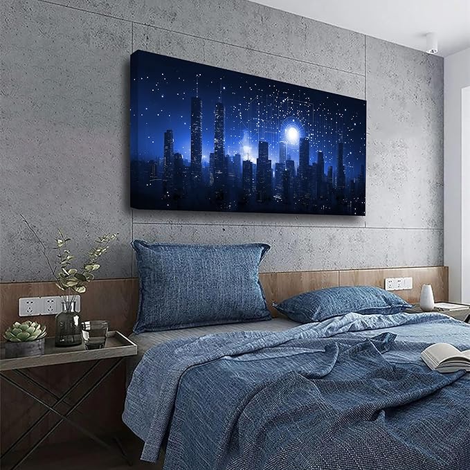 Night Stars City Wall Art Bedroom Wall Decor Living Room,Night Tall Buildings Canvas Wall Art Office Farmhouse Paintings Artwork Modern Blue Cityscape Wall Art Prints Pictures 20 * 40inch