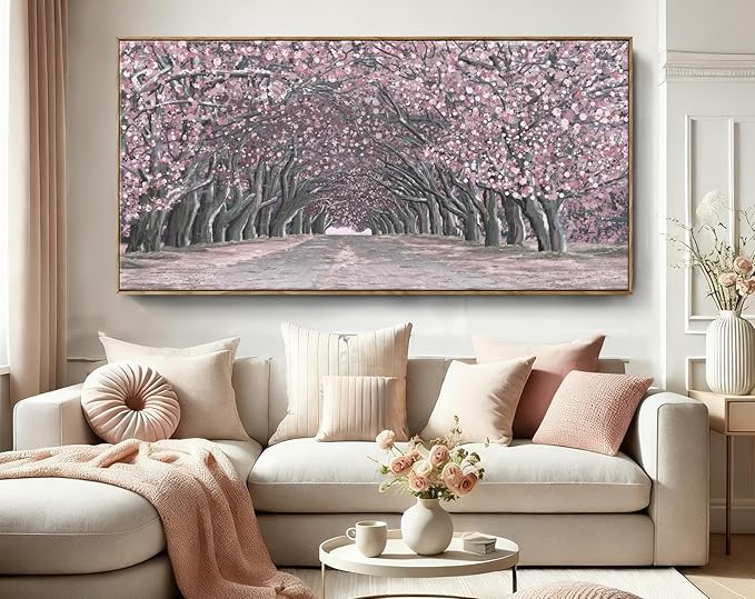 Nicetop Big Framed Canvas Wall Art for Living Room – Large Pink Abstract Floral Canvas Print Cherry Blossom Tree Tunnel Artwork – Oversized Spring Landscape Picture Bedroom Girls Women Decor 58x29Inch