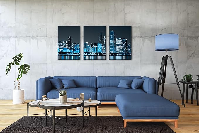 NAN Wind Modern Office Decor Chicago Skyline Canvas Art Chicago City Center Skyline Canvas Prints Cityscape Wall Decorations Blue Wall Decor for Living Room Pictures for Bedroom Decorations