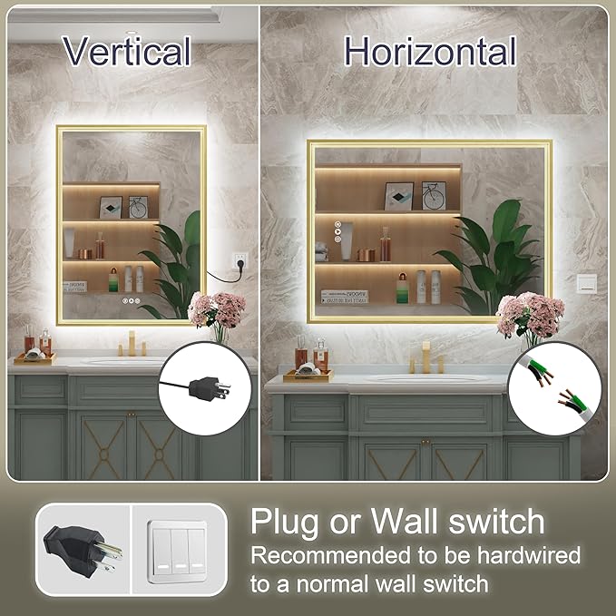 24x32 Inch Gold LED Bathroom Mirror with Front & Back Lights, Adjustable 3000K/4500K/6000K, Wall Mounted Framed Lighted Bathroom Vanity Mirror, Dimmable, Anti-Fog, Horizontal/Vertical