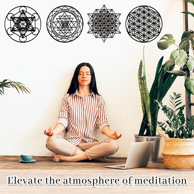 Leinuosen 4 Pcs 12 Inch Crystal Grid Board Sacred Geometric Wall Art Set Metatron Cube, Flower of Life, Sri Yantra, 64 Star Tetrahedron Pagan Decor Home Wall Decor for Room(Black)