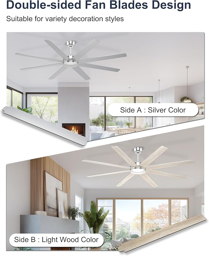72'' Silver Ceiling Fans With No Lights, 8 Blades Large Ceiling Fan Remote/APP Control, Silent Shop Ceiling Fan for Garage Covered Outdoors
