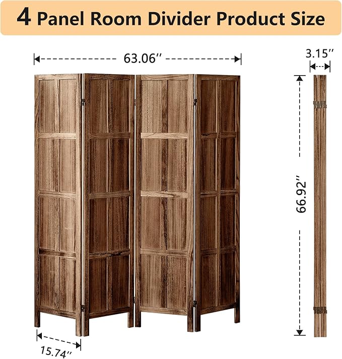 4 Panel Room Divider Wall, 5.6 FT Tall Folding Privacy Screen, Partition Divider for Room Separation, Room Partition Separator, Wooden Wall Divider Screen for Home Office Bedroom (Brown)