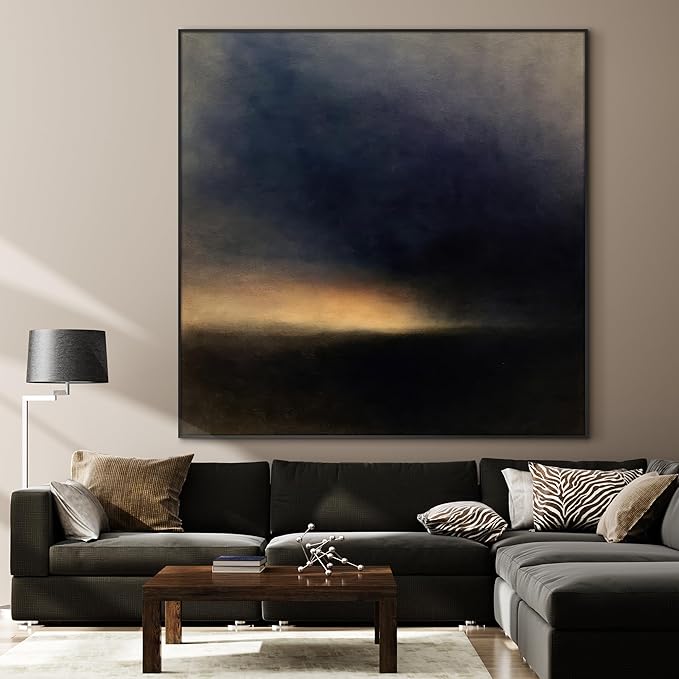 60"x60" XL Framed Wall Art - Moody Abstract Landscape Dark Blue and Golden Horizon Minimalist Foggy Forest Tranquil (Frame Assembly Required)